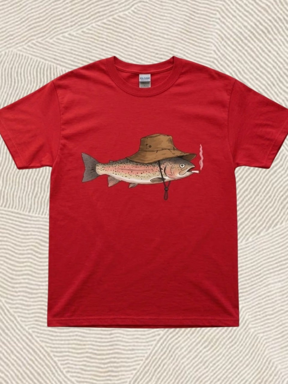 Gildan Red T-Shirt with Trout Wearing Brown Bucket Hat Graphic